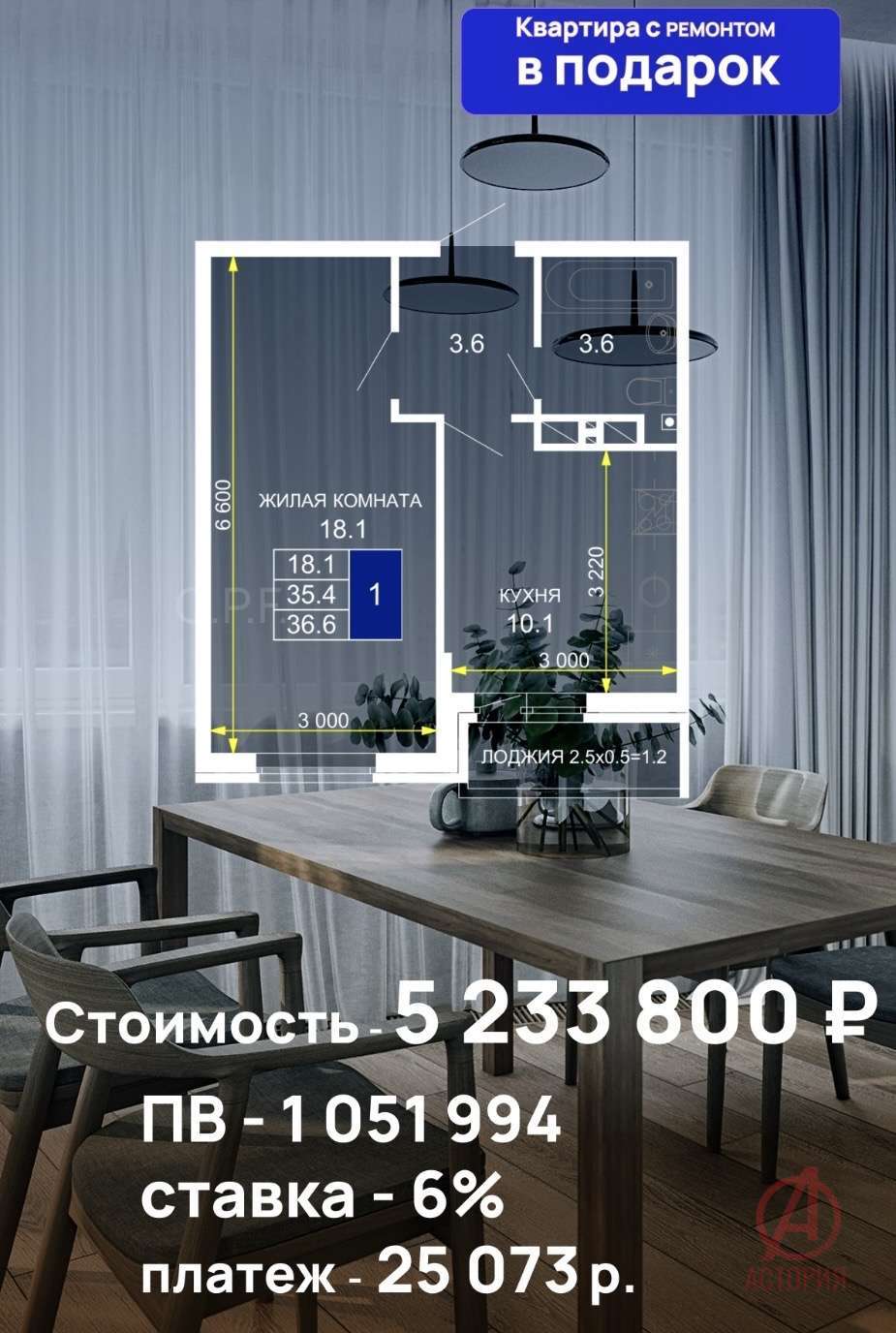 Основная фотография 1-к. квартира 36.60 м² 