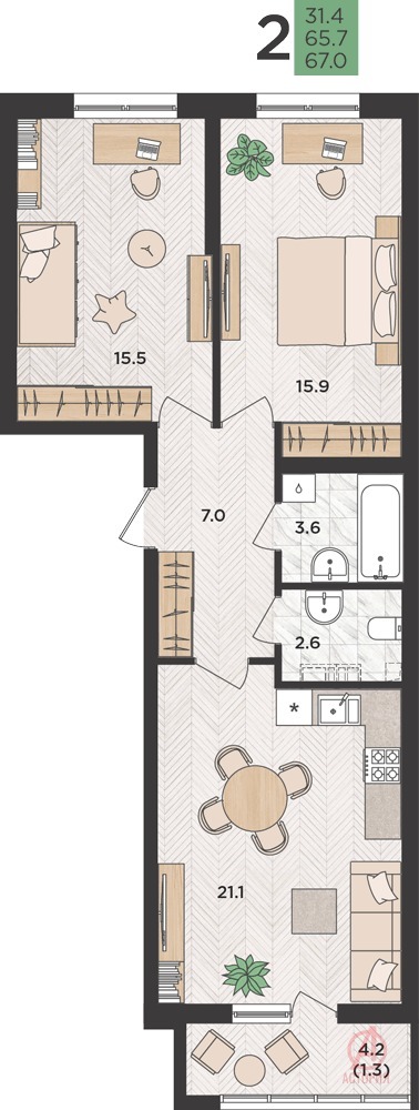 Фотография 2-комн. квартира 67.00 м² #1