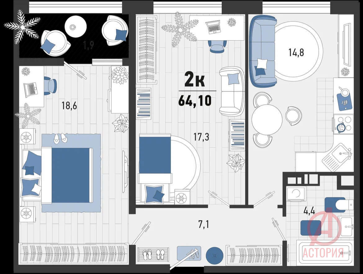Фотография 2-комн. квартира 65.00 м² #1