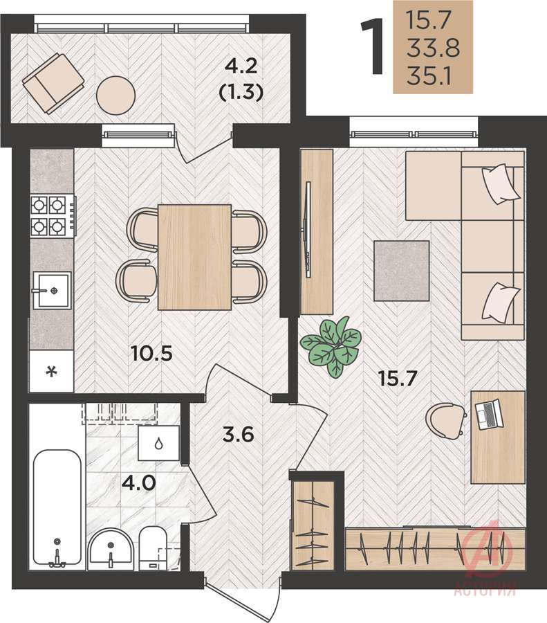 Основная фотография 1-комн. квартира 35.10 м² 