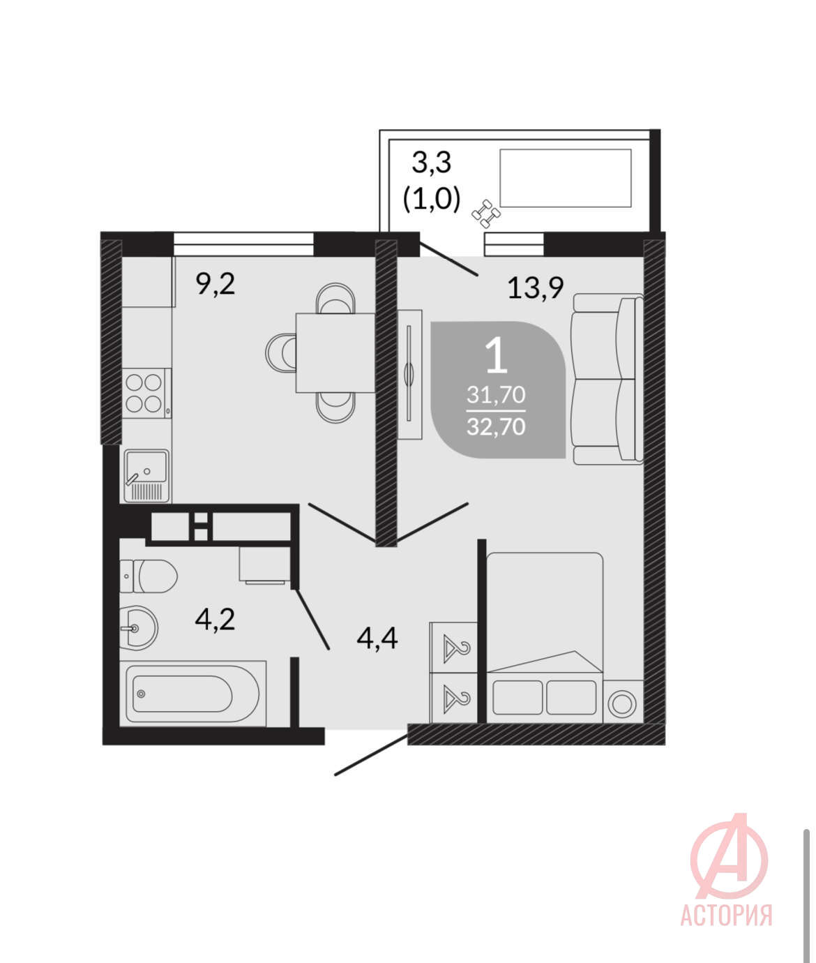 Фотография 1-комн. квартира 33.00 м² #3