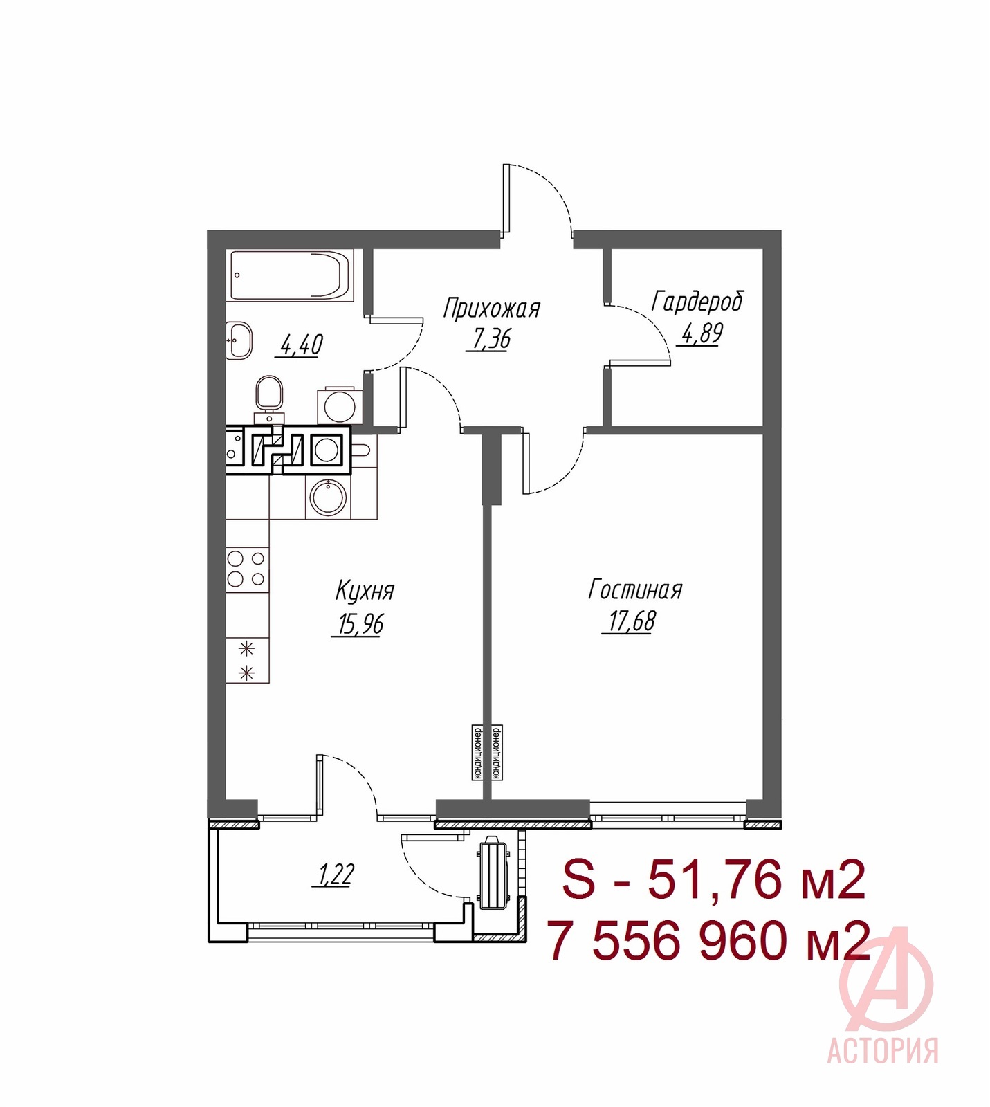 Основная фотография 1-к. квартира 51.76 м² 