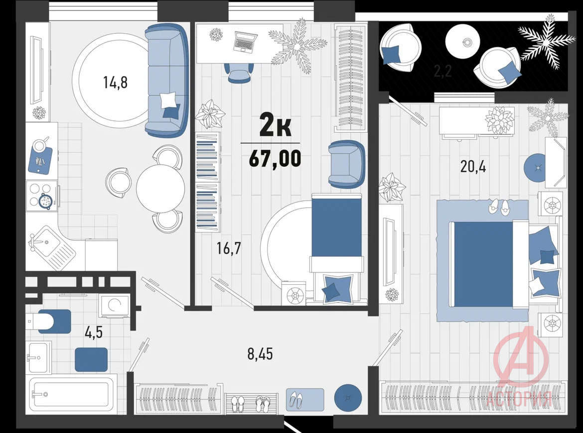 Фотография 2-комн. квартира 67.00 м² #2