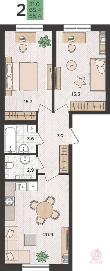 Фотография 2-комн. квартира 65.40 м² #2