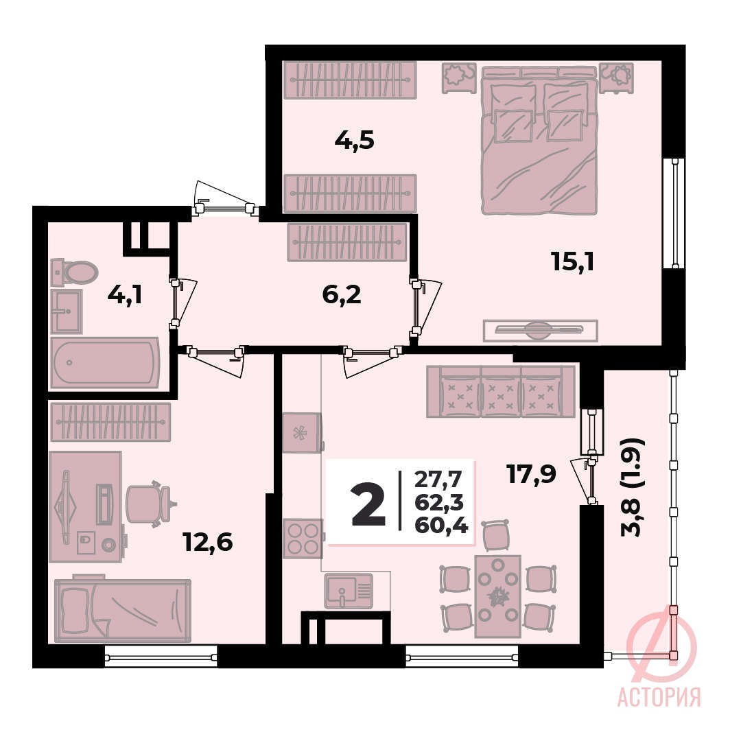 Основная фотография 2-комн. квартира 62.30 м² 