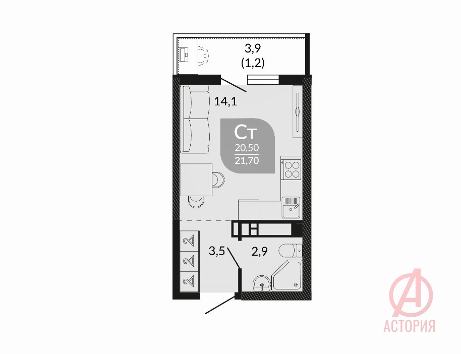 Фотография 1-комн. квартира 21.70 м² #4