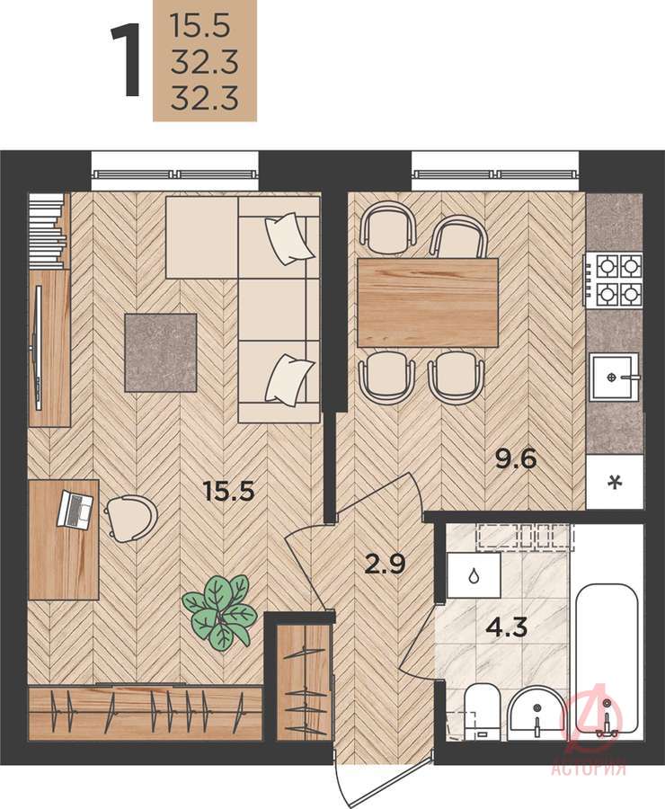 Фотография 1-комн. квартира 32.30 м² #0
