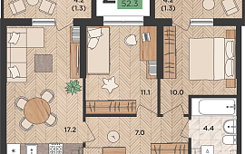 2-к. квартира 52.3 кв.м.