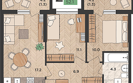 2-к. квартира 52.1 кв.м.