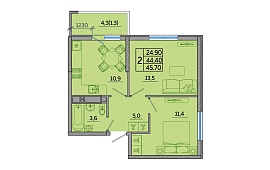 2-к. квартира 45,6 кв.м.